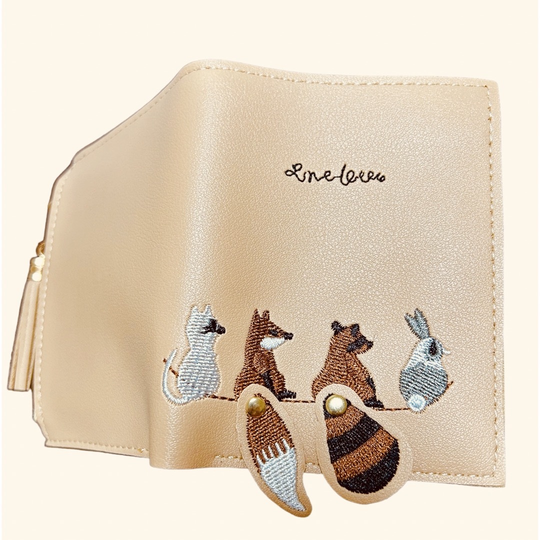 新品 財布 ミニ財布 二つ折り猫 きつね たぬき うさぎ ベージュ レディースのファッション小物(財布)の商品写真