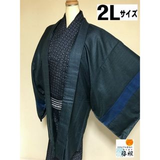 【中古】 羽織 リメイク男物 ウール 黒地に蚊絣文様 裄74 2Lサイズ 福服特製 (着物)