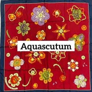 AQUA SCUTUM - ★Aquascutum★ スカーフ 大判 野菜 シルク レッド ネイビー