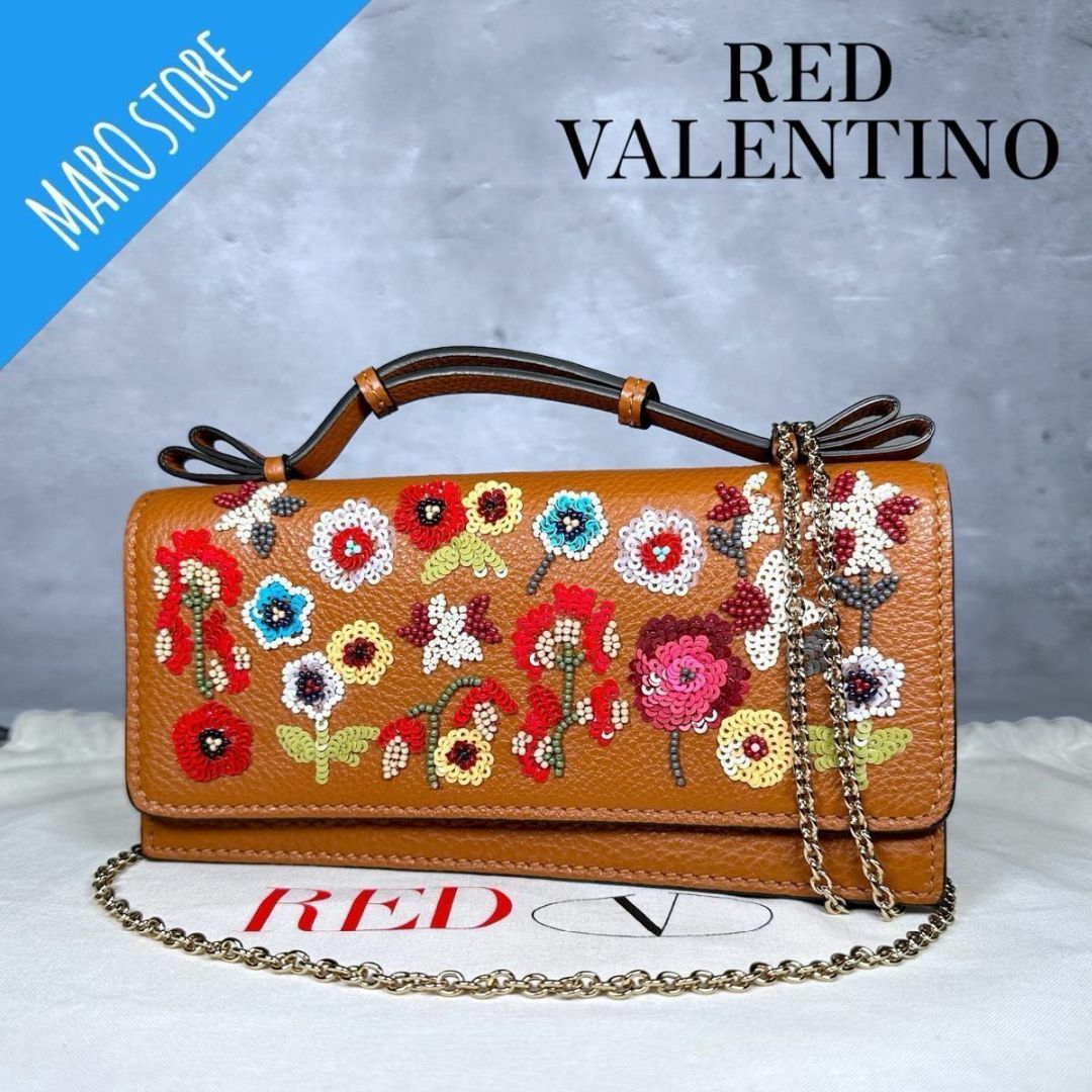 RED VALENTINO(レッドヴァレンティノ)の【美品】 RED VALENTINO ビーズ 刺繍 チェーン ショルダーバッグ レディースのバッグ(ショルダーバッグ)の商品写真