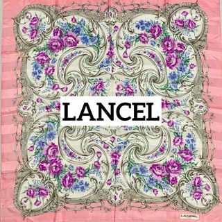 美品 ★LANCEL★ スカーフ 大判 花 ボーダー 金ラメ糸 ピンク