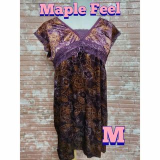 maple feel ベロア レース付 Vネック 半袖ワンピース パープル M(ひざ丈ワンピース)