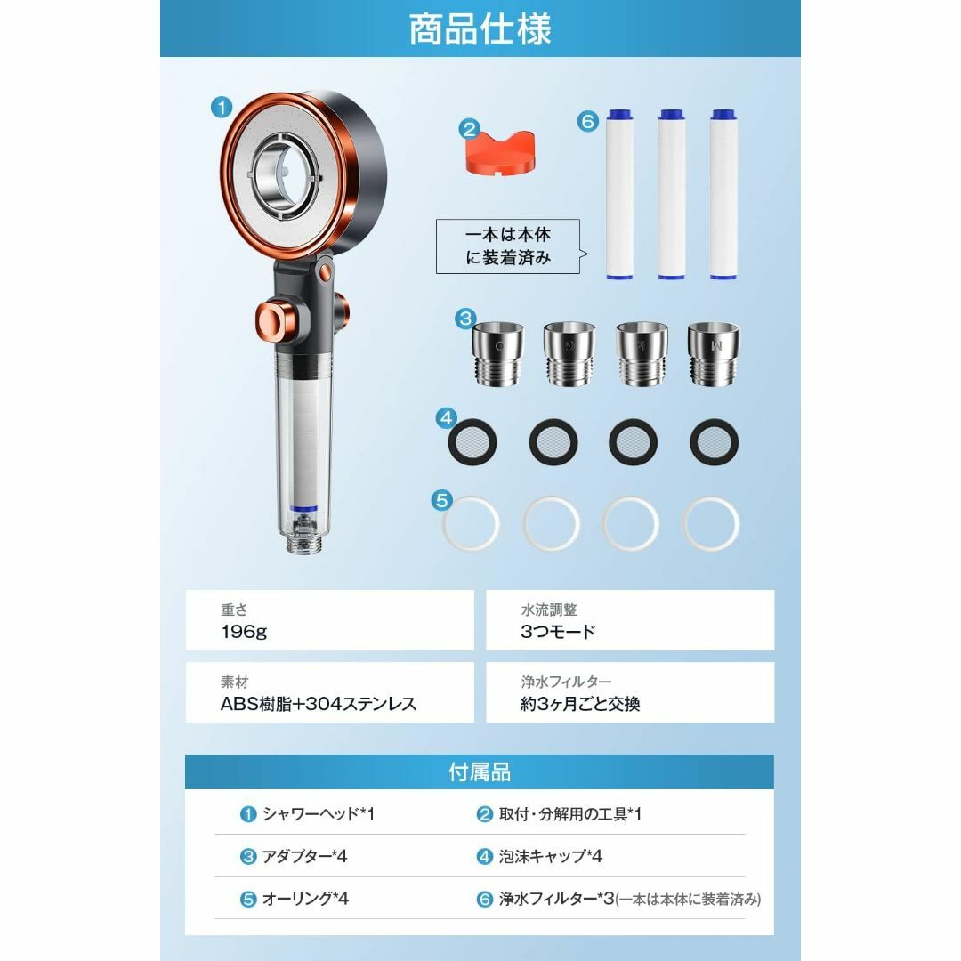 シャワーヘッド 高水圧 【2024新登場・80%節水】 節水シャワーヘッド インテリア/住まい/日用品の日用品/生活雑貨/旅行(タオル/バス用品)の商品写真