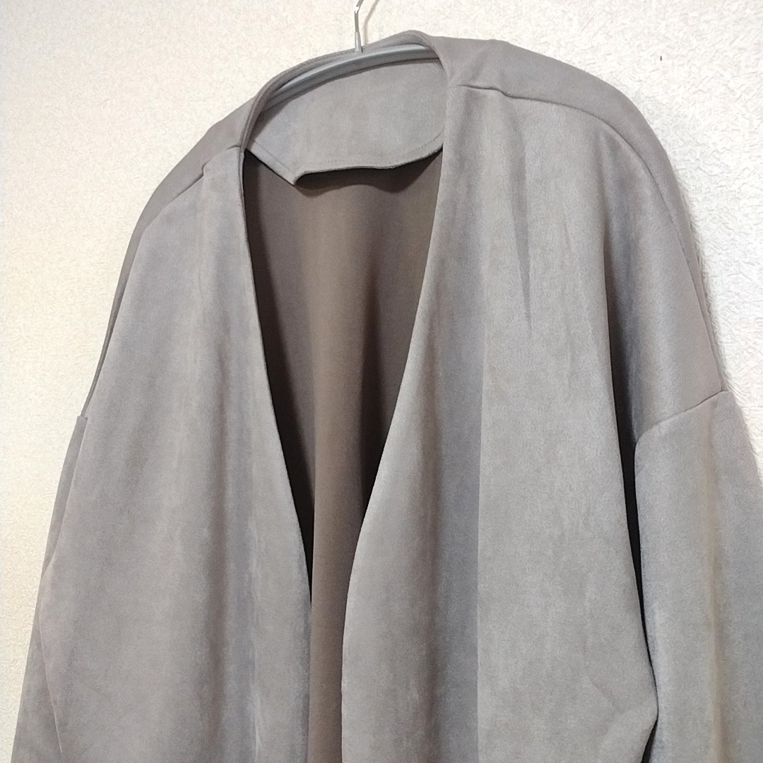 【新品】スエードポンチ 長袖ノーカラーコート L グレー レディースのジャケット/アウター(ロングコート)の商品写真