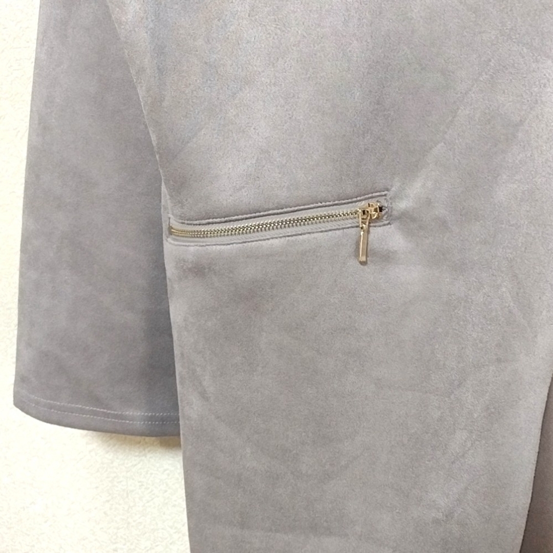 【新品】スエードポンチ 長袖ノーカラーコート L グレー レディースのジャケット/アウター(ロングコート)の商品写真