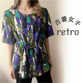 ヴィンテージ(VINTAGE)の【美品】ヴィンテージ アート柄ブラウス/羽織り 昭和レトロ派手柄ゆったりLサイズ(シャツ/ブラウス(半袖/袖なし))