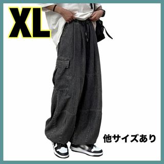 カーゴパンツ ワイド デニムパンツ ジーンズパンツ レディース　ブラック　XL(ワークパンツ/カーゴパンツ)