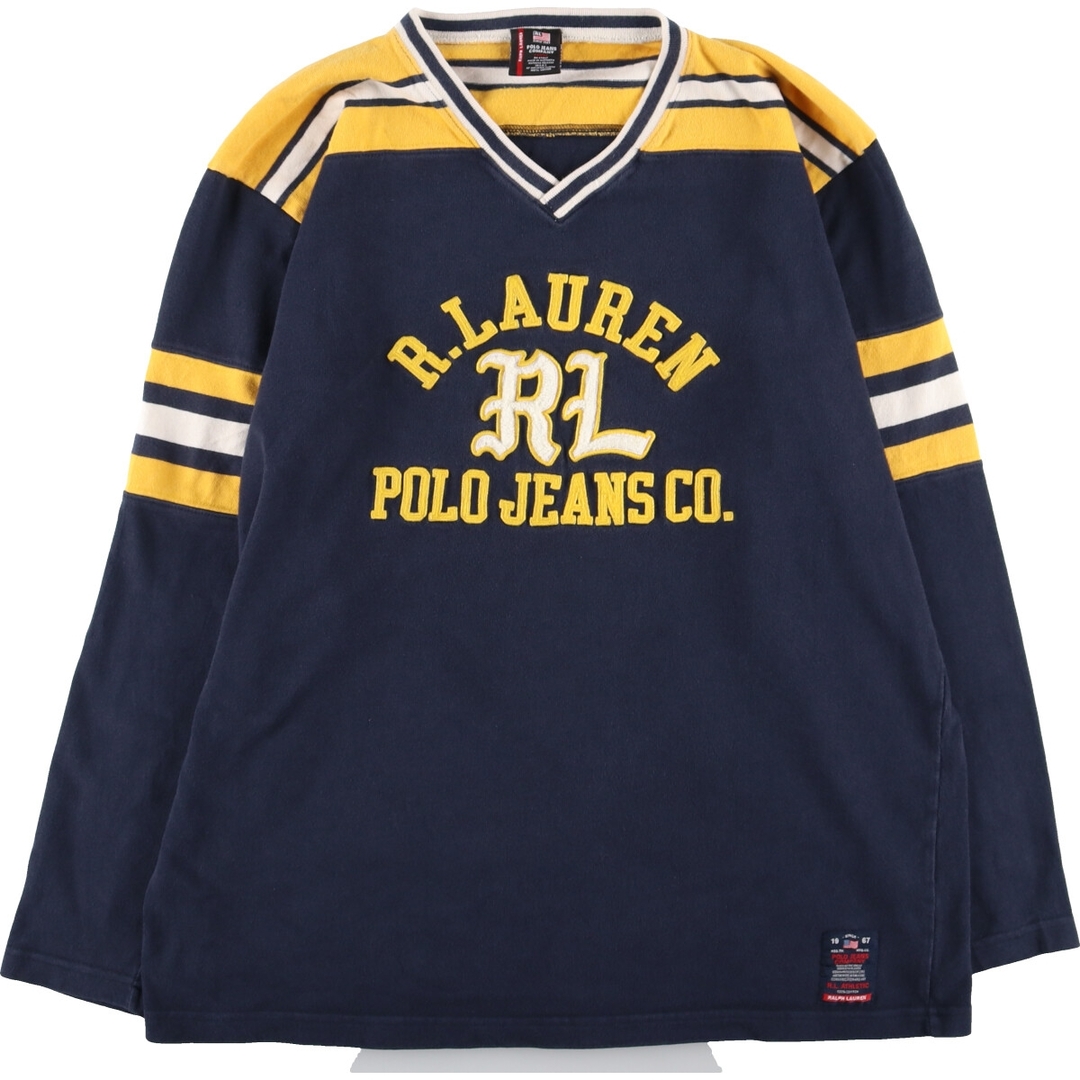 Ralph Lauren(ラルフローレン)の古着 ラルフローレン Ralph Lauren POLO JEANS COMPANY Vネック フットボールTシャツ USA製 メンズXL /eaa433133 メンズのトップス(Tシャツ/カットソー(半袖/袖なし))の商品写真