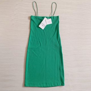 ザラ(ZARA)の新品　ZARA　タイトワンピース　リブ　ミニ　ショート　キャミ　グリーン(ミニワンピース)