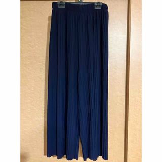 ワイドパンツ＊スカーチョ　シフォンプリーツ　ボトムス　Lサイズ　 NAVY