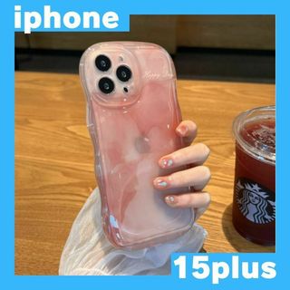 ぼかしグラデーション iPhone15plusケース ピンク 水墨 透け