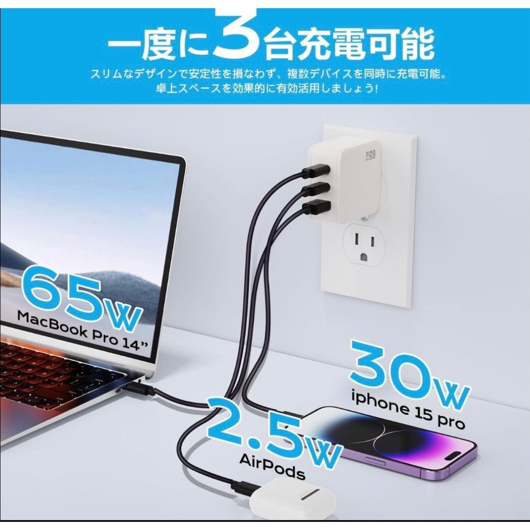 USB充電器 65W Type C 急速充電器 高速充電器 折り畳みプラグ スマホ/家電/カメラのPC/タブレット(PC周辺機器)の商品写真