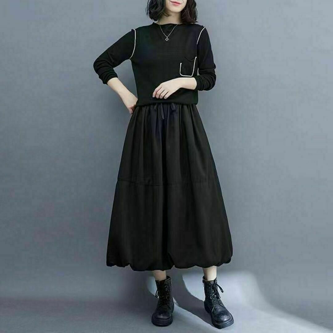 ゆったり ロング バルーン スカート XL 黒 フレアスカート マキシ ブラック レディースのスカート(その他)の商品写真