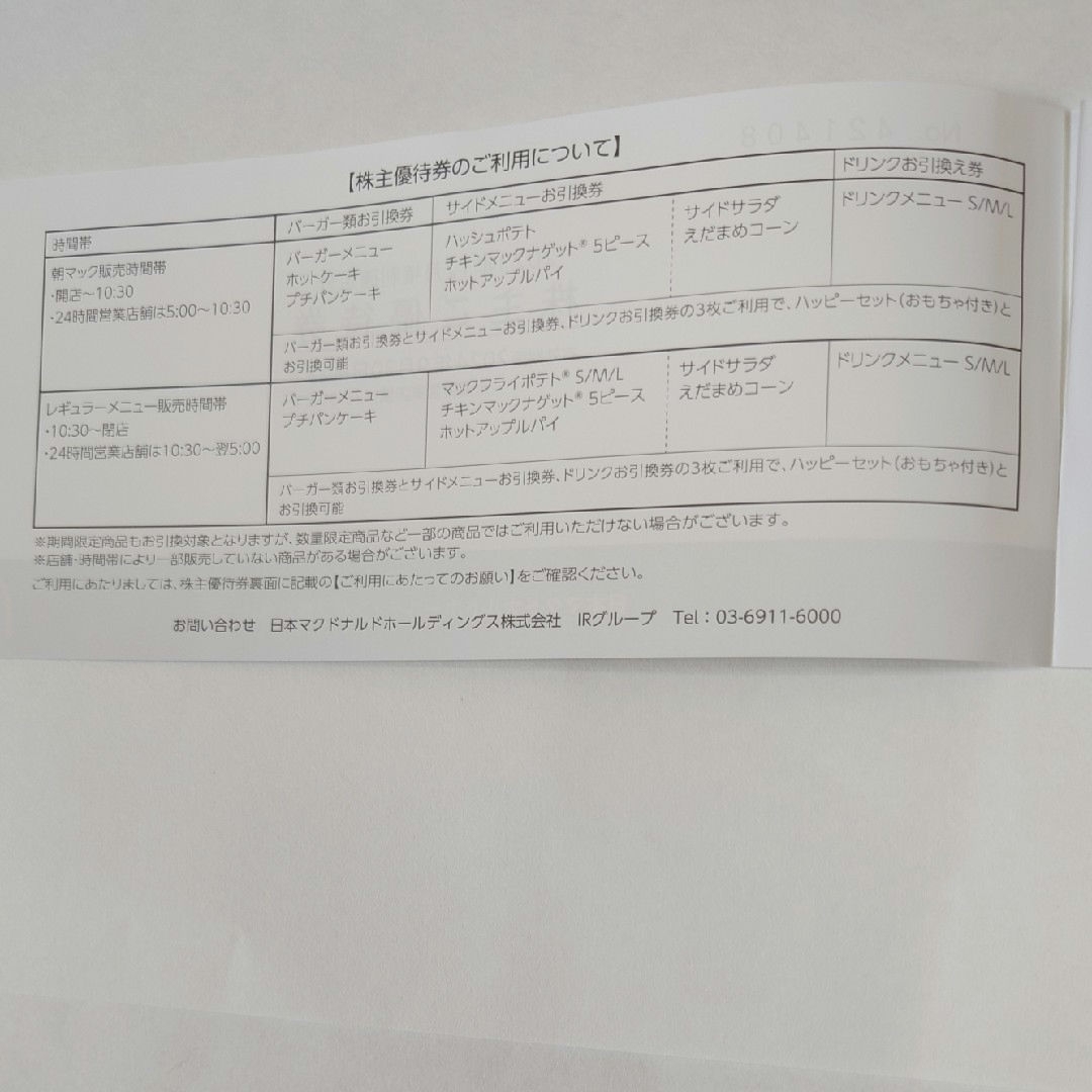 マクドナルド(マクドナルド)のマクドナルド株主優待券 一冊(6セット) チケットの優待券/割引券(フード/ドリンク券)の商品写真