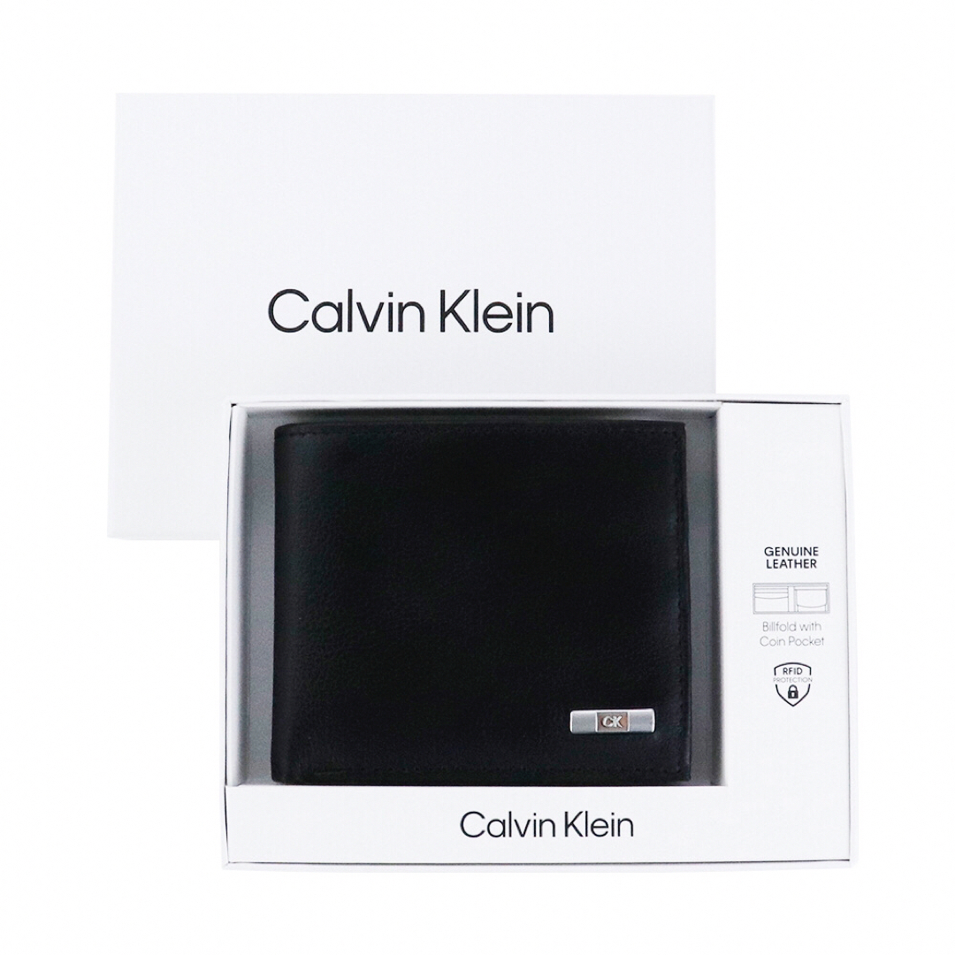Calvin Klein(カルバンクライン)のカルバンクライン 二つ折り財布 ロゴメタル ブラック レザー 本革 CK 箱付 メンズのファッション小物(折り財布)の商品写真