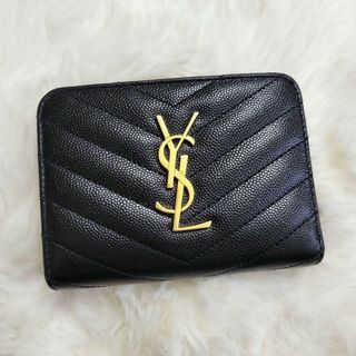 サンローラン(Saint Laurent)の【美品】 イヴサンローラン 二つ折り財布 キャビアスキン YSL ブラック 黒(財布)