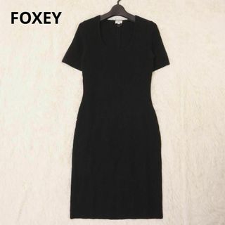 フォクシー(FOXEY)のFOXEY　フォクシー　カシミヤ100%　ニットワンピース　半袖　ブラック　黒(ひざ丈ワンピース)