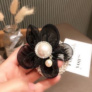 【人気】ヘアアクセサリー シュシュ お花 黒 きらきら 透け感 パール 結婚式