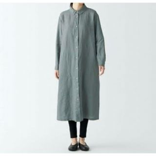 MUJI (無印良品) - 無印良品　洗いざらしリネンシャツワンピース　長袖　L スモーキーグリーン