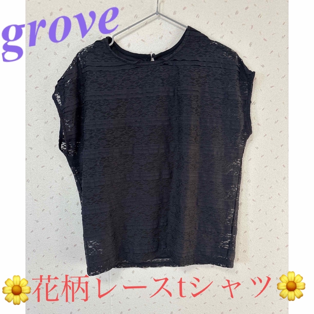 grove(グローブ)の最終値下げです！　Grove  花柄　黒レースtシャツ レディースのトップス(カットソー(長袖/七分))の商品写真