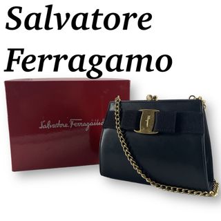 サルヴァトーレフェラガモ(Salvatore Ferragamo)のサルヴァトーレフェラガモ　ショルダーバッグ　ヴァラリボン　ガンチーニ　がま口　紺(ショルダーバッグ)