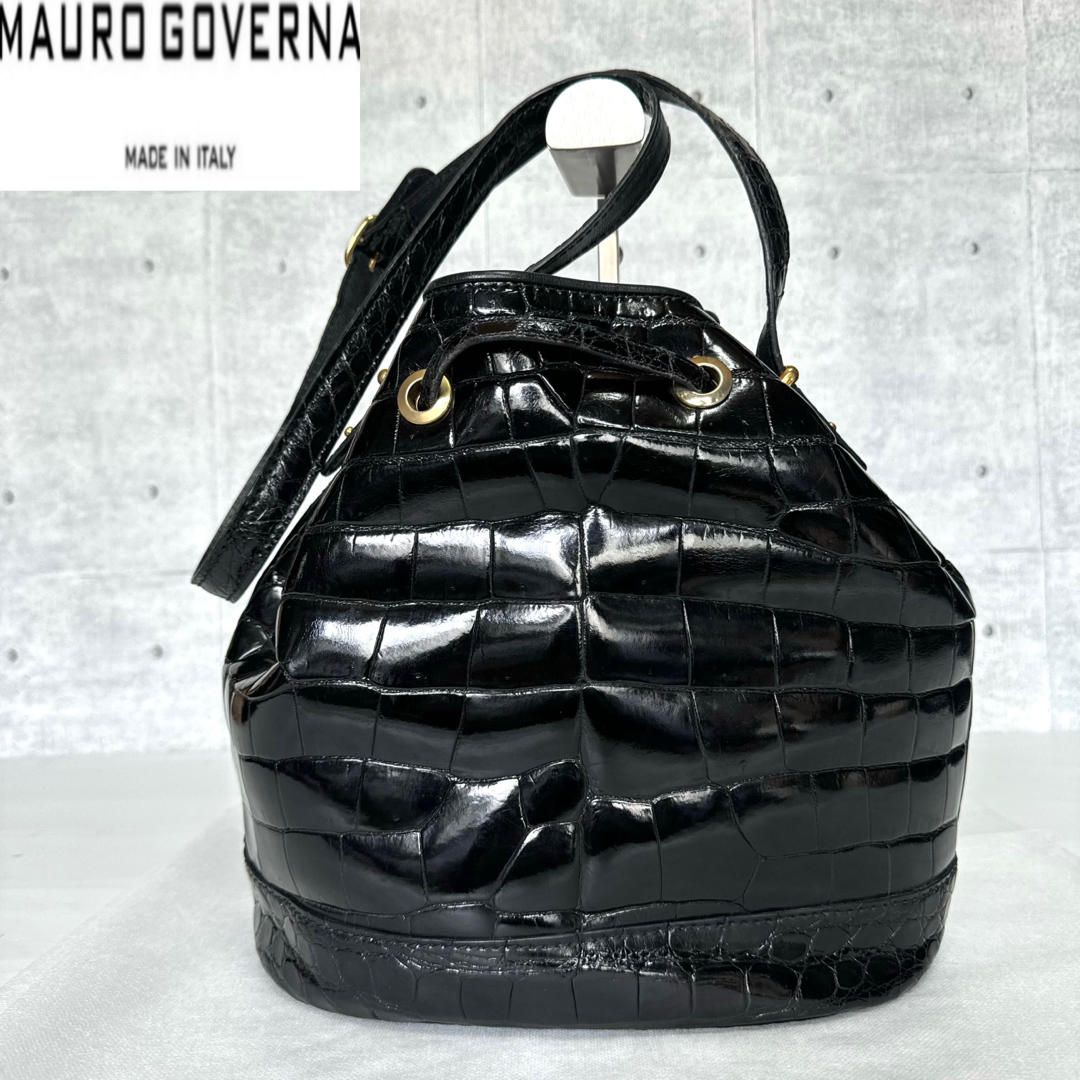 良品 MAURO GOVERNA クロコダイル ブラック 巾着 ショルダーバッグ 良品 MAURO GOVERNA クロコダイル ブラック 巾着 ショルダーバッグ