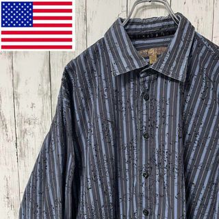 BLUE USA古着 ビックサイズ長袖ストライプシャツ 花柄 2XL メンズ(シャツ)