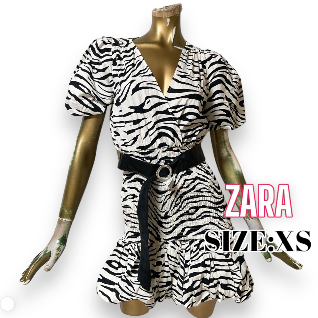 ZARA(ザラ)のZARA ♥ 大人気 バイカラー ベルト ゼブラ バルーン ワンピース ドレス レディースのワンピース(ミニワンピース)の商品写真