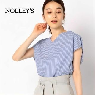 ノーリーズ(NOLLEY'S)の技ありタックが可愛い♪　綿100% ストライプブラウス　S ブルー(シャツ/ブラウス(半袖/袖なし))