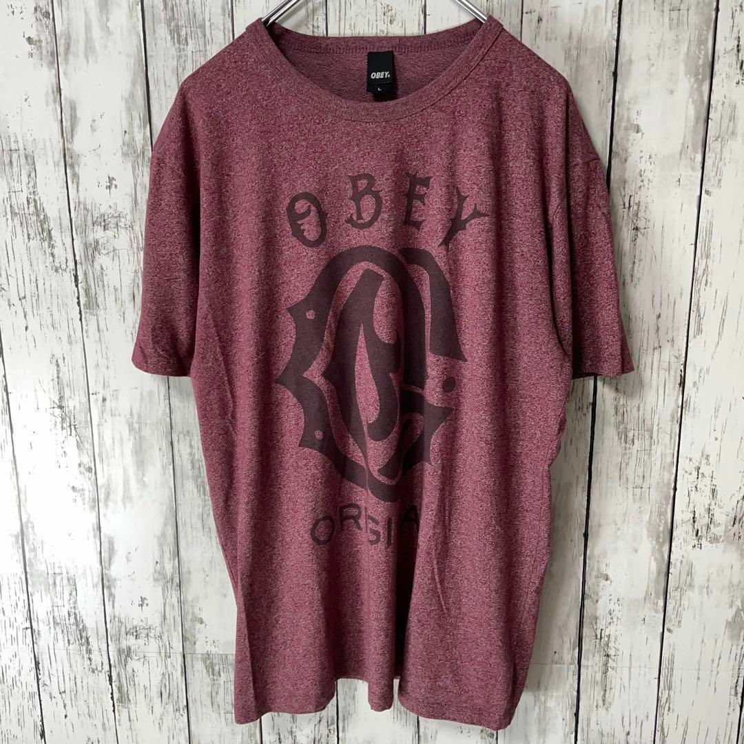 OBEY(オベイ)のOBEY USA古着 企業ロゴプリントTシャツ L 赤 USA製 メンズ メンズのトップス(Tシャツ/カットソー(半袖/袖なし))の商品写真