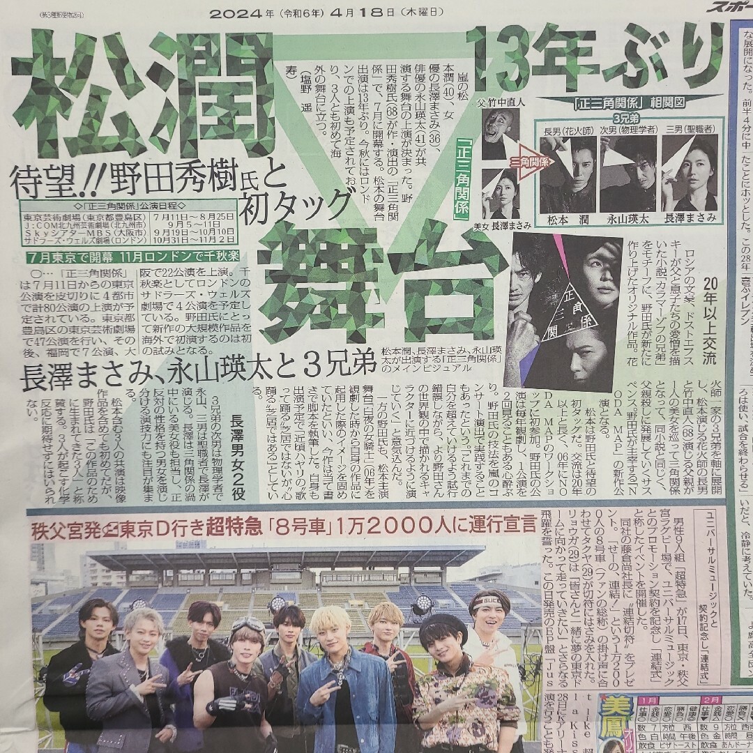 4月18日 朝刊　松潤13年ぶり舞台！！　スポーツ紙全6社 チケットの音楽(男性アイドル)の商品写真