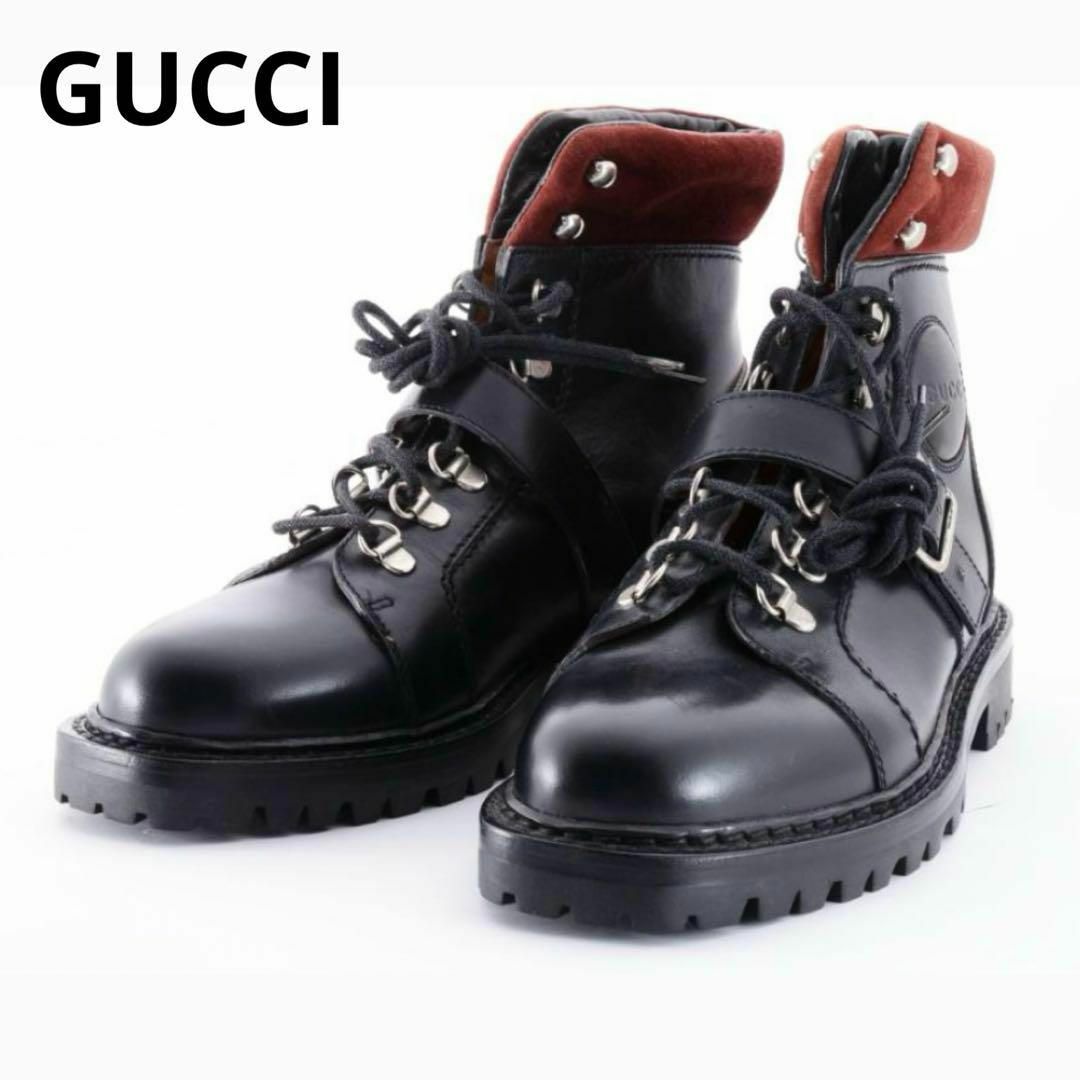 Gucci(グッチ)のグッチ　スエード切り替え　ロゴ　ベルトストラップ　レースアップブーツ　6.5 レディースの靴/シューズ(ブーツ)の商品写真