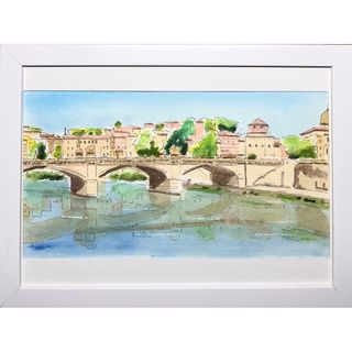 手描き　水彩画　イタリア　テヴェレ川　ヴィットリオエマヌエーレ2世橋(絵画/タペストリー)