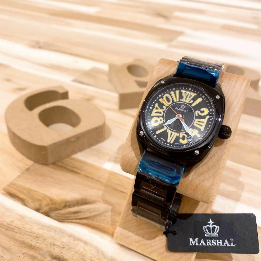 Marshall(マーシャル)の新品/未使用【マーシャル】腕時計 丸文字 黒ブラック×黄色イエロー オシャレ メンズの時計(腕時計(アナログ))の商品写真