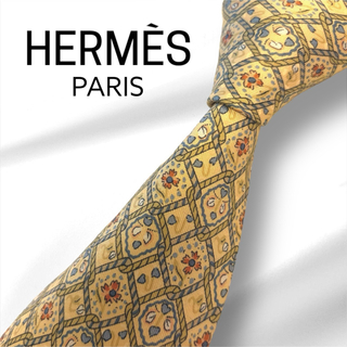 エルメス(Hermes)の【極美品】HERMES 花柄 イエロー フランス製高級シルク(ネクタイ)