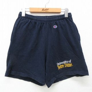 チャンピオン(Champion)のW30★古着 チャンピオン Champion ショート イージー パンツ ショーツ メンズ 90年代 90s ワンポイントロゴ ノートルダム 大学 刺繍 コットン USA製 紺 ネイビー 24apr17 中古 ボトムス 短パン ショーパン(ワークパンツ/カーゴパンツ)