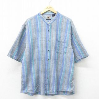 XL★古着 半袖 シャツ メンズ ノーカラー コットン 緑他 グリーン ストライプ 24apr17 中古 トップス(シャツ)