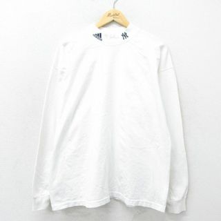 アディダス(adidas)のXL★古着 アディダス adidas 長袖 ビンテージ Tシャツ メンズ 90年代 90s ワンポイントロゴ MLB ニューヨークヤンキース 大きいサイズ コットン モックネック ハイネック USA製 白 ホワイト メジャーリーグ ベースボール 野球 24apr17 中古(Tシャツ/カットソー(半袖/袖なし))