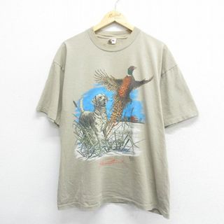 XL★古着 クイックシルバー QUIKSILVER 半袖 ビンテージ Tシャツ メンズ 90年代 90s キジ 犬 大きいサイズ コットン クルーネック USA製 ベージュ カーキ 24apr17 中古(Tシャツ/カットソー(半袖/袖なし))