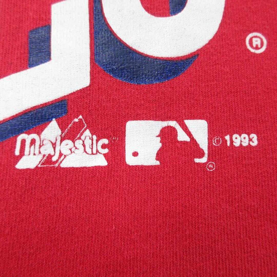 Majestic(マジェスティック)のXL★古着 マジェスティック 半袖 ビンテージ Tシャツ メンズ 90年代 90s MLB セントルイスカージナルス ロング丈 ツートンカラー コットン クルーネック USA製 赤 レッド メジャーリーグ ベースボール 野球 【spe】 24apr17 中古 メンズのトップス(Tシャツ/カットソー(半袖/袖なし))の商品写真