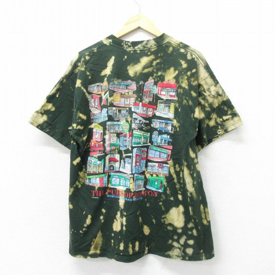 XL★古着 半袖 ビンテージ Tシャツ メンズ 90年代 90s パブ コットン クルーネック カナダ製 緑他 グリーン ブリーチ加工 24apr17 中古 メンズのトップス(Tシャツ/カットソー(半袖/袖なし))の商品写真