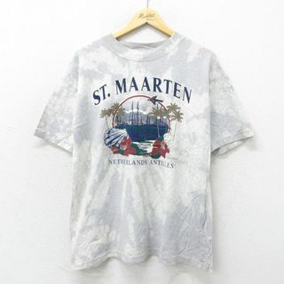 XL★古着 半袖 ビンテージ Tシャツ メンズ 90年代 90s 花 ヤシの木 コットン クルーネック USA製 薄グレー ブリーチ加工 24apr17 中古(Tシャツ/カットソー(半袖/袖なし))