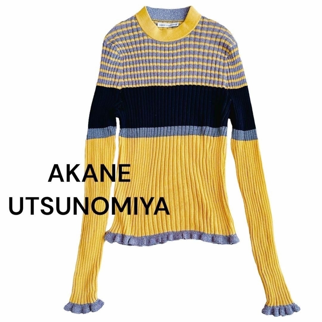 AKANE UTSUNOMIYA(アカネウツノミヤ)の美品　アカネウツノミヤ　ボーダープルオーバー　リブニット　カットソー　長袖　F レディースのトップス(ニット/セーター)の商品写真