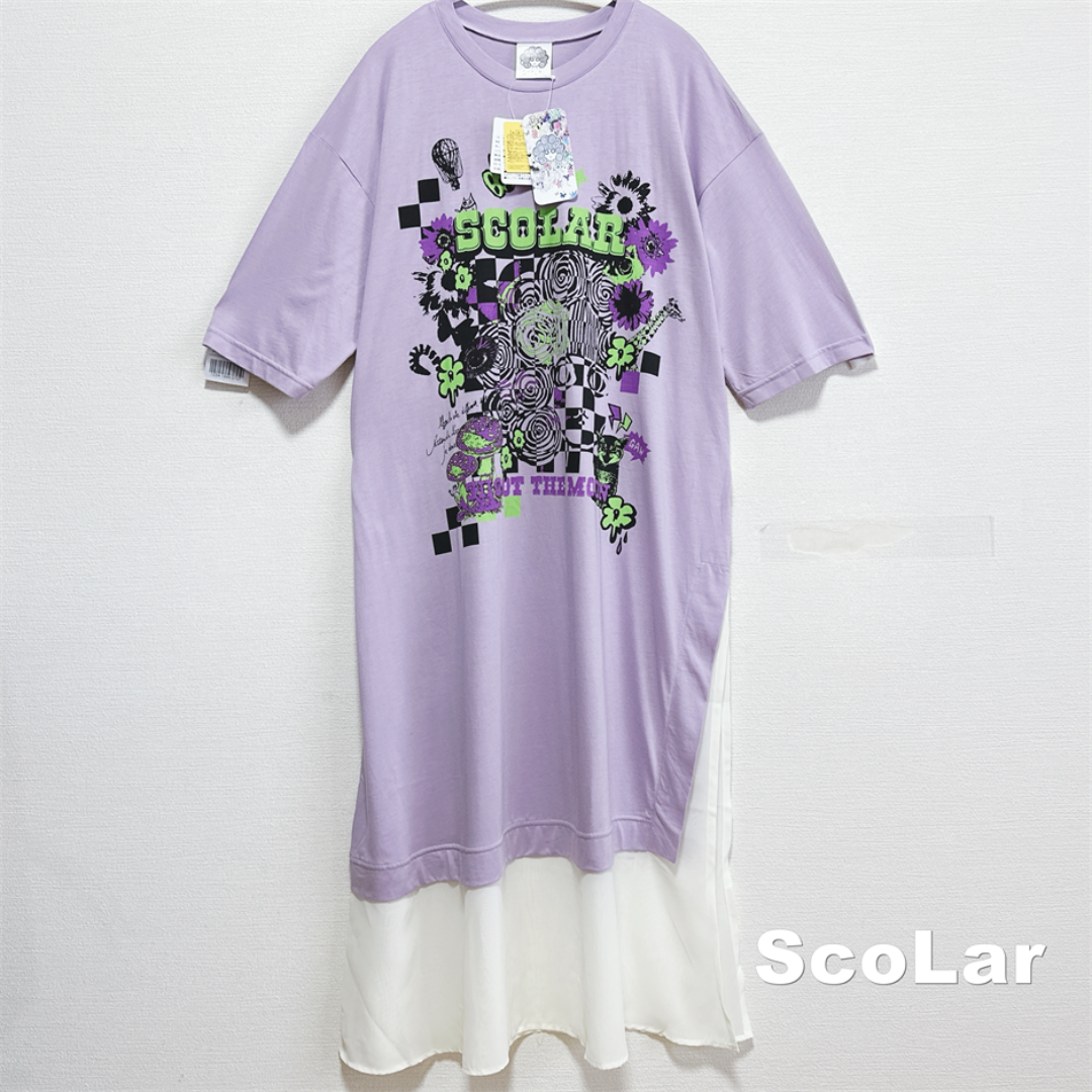 ScoLar(スカラー)の【ScoLar】スカラーちゃんグラフィック シフォン切替ワンピース タグ付未使用 レディースのワンピース(ロングワンピース/マキシワンピース)の商品写真