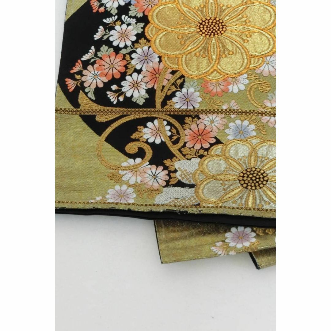 Ｓお仕立て上がり正絹振袖用袋帯　黒、金色地に花柄 レディースの水着/浴衣(帯)の商品写真