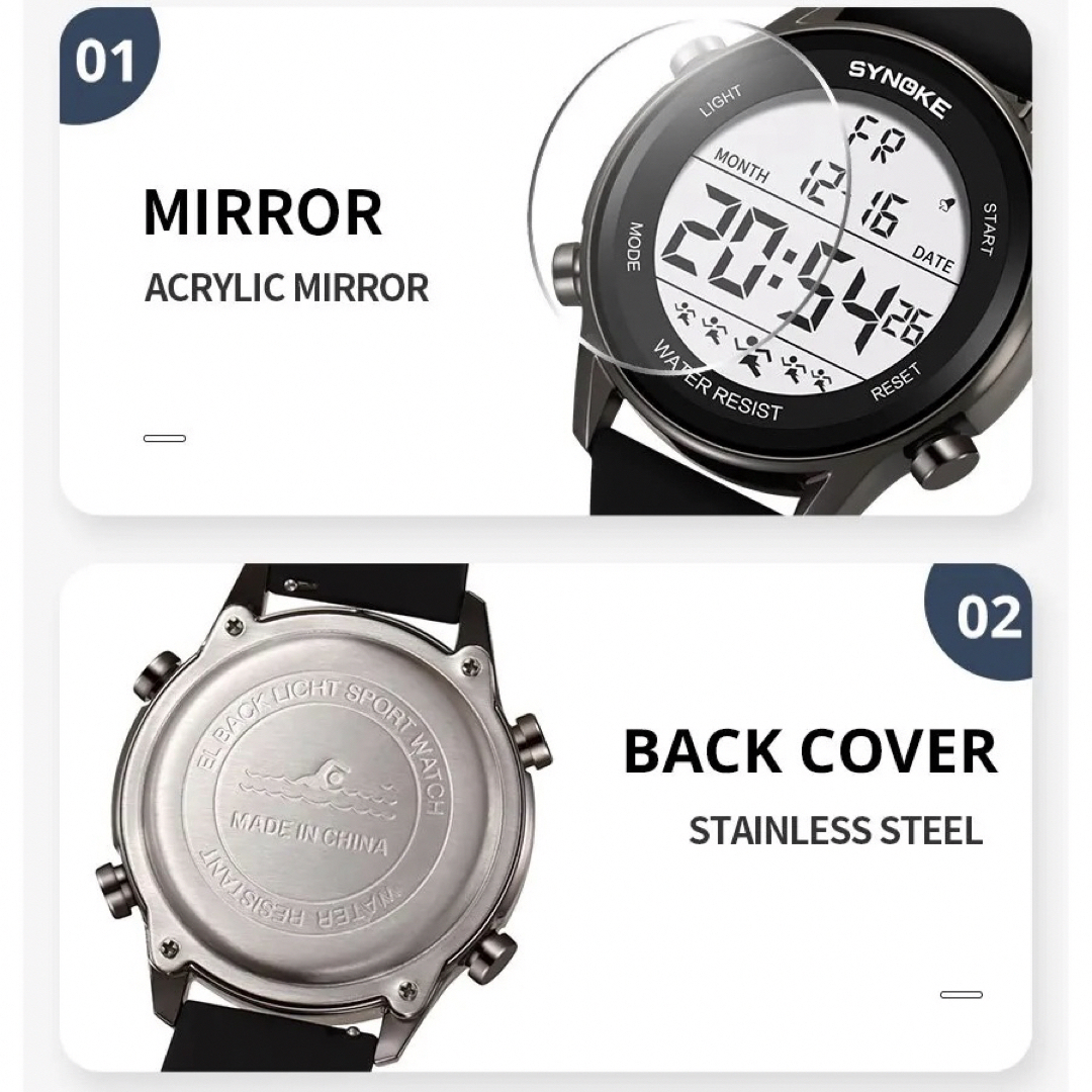 新品 SYNOKEスポーツデジタル ストップウォッチ メンズ腕時計 9825BK メンズの時計(腕時計(デジタル))の商品写真