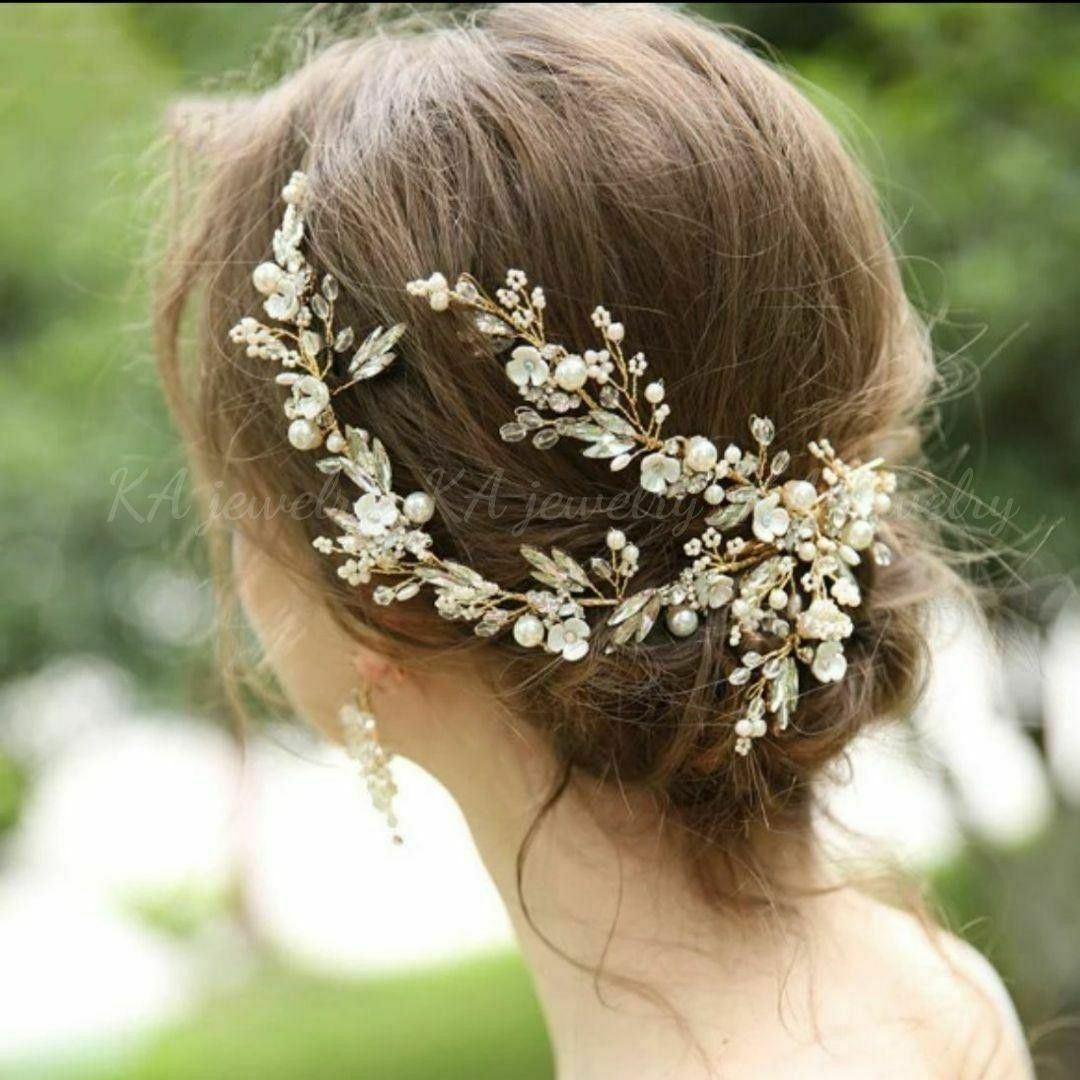 ☆2点セットヘッドドレス&イヤリング(ピアス) 結婚式 ゴールドヘアアクセサリー レディースのフォーマル/ドレス(ウェディングドレス)の商品写真