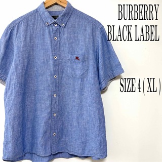 BURBERRY BLACK LABEL - バーバリーブラックレーベル ロゴ刺繍 半袖 麻 リネンシャツ ブルー XL 4