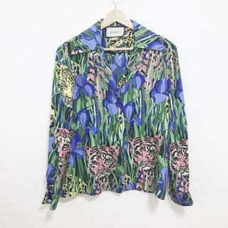 グッチ(Gucci)のGUCCI(グッチ) 長袖シャツブラウス レディース - グリーン×ネイビー×マルチ シルク/花柄/トラ柄/豹柄(シャツ/ブラウス(長袖/七分))