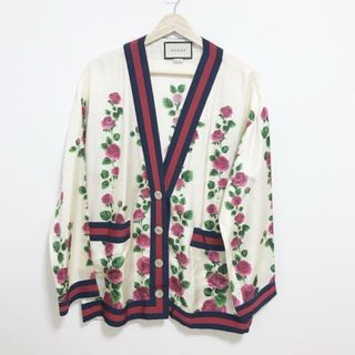 グッチ(Gucci)のGUCCI(グッチ) カーディガン レディース美品  - アイボリー×グリーン×マルチ 長袖/シルク/花柄(カーディガン)